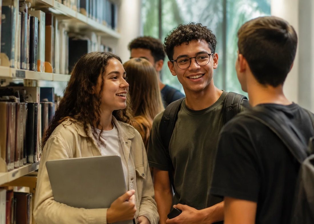 Alunos conversando de pé no corredor entre as estantes de uma biblioteca