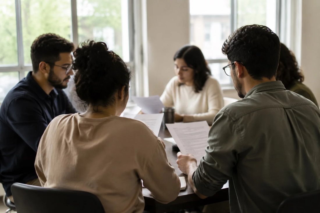 Profissionais em uma sala de reunião clara, uma pessoa de pé explicando um ponto